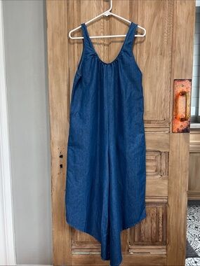 Blue Denim Jumpsuit Romper - Casual Wide Leg